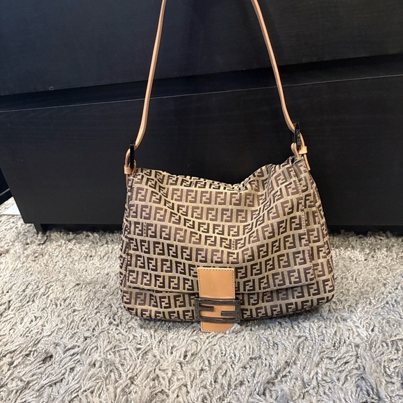 Fendi Handbags - FENDI Zucca Mama Baguette Beige and tan